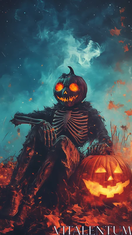 Pumpkin-headed skeleton scarecrow amid burning autumn leaves
