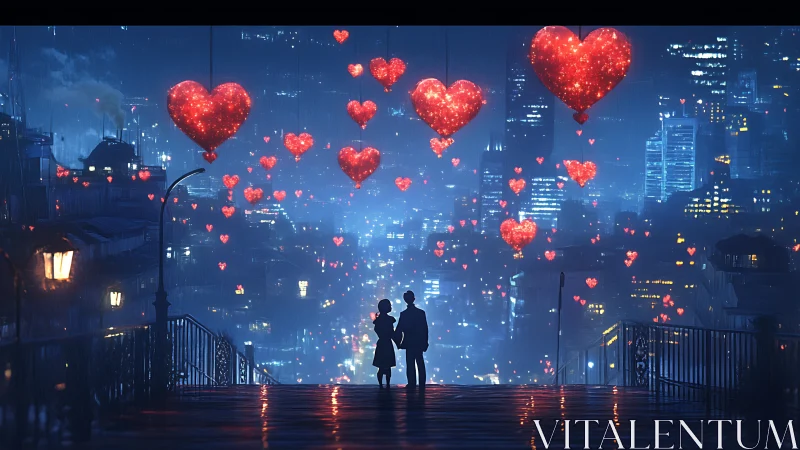 Urban Romance Scene With Floating Red Hearts.