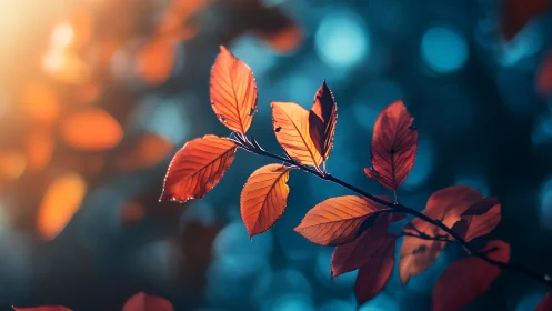 Ember-bright autumn leaves glowing against deep teal dusk.