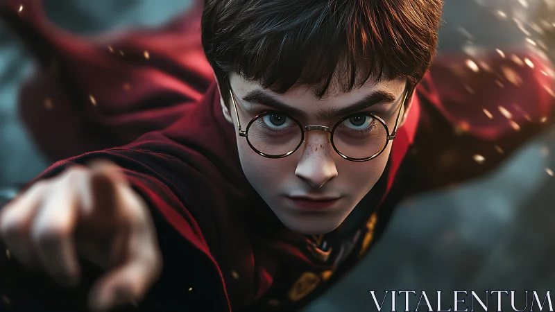 Wind-slicing young wizard rockets forward in fiery focus