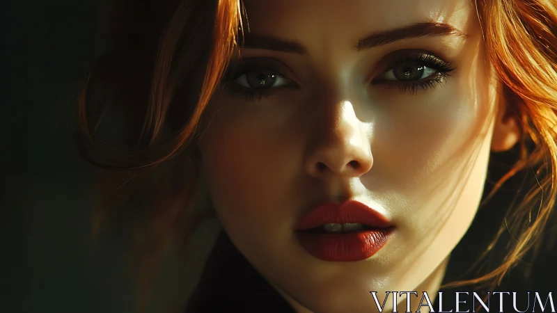 Close-up digital portrait of red-haired woman in shadowed light.