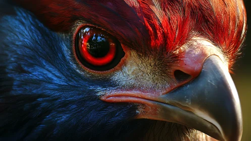 Close-up of Exotic Bird with Vivid Red and Blue Feathers, Realistic Style.