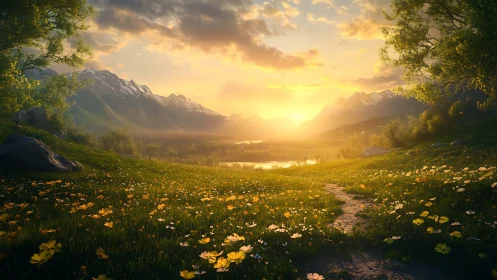 Golden valley sunrise bathes wildflower meadow in light.