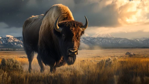 Majestic bison roaming golden plains beneath soft sunset skies.