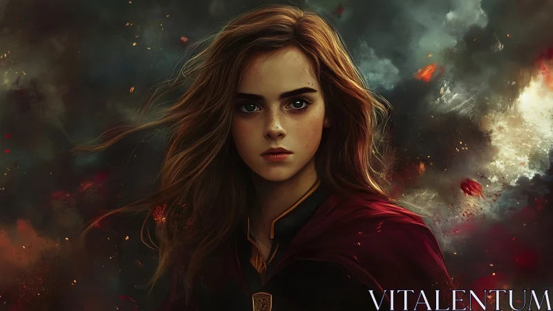 Stormborne young sorceress strides through embers and dusk.