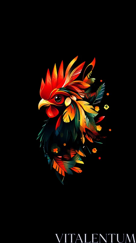 Vibrant Rooster Head with Feather-Textured Explosion Composition