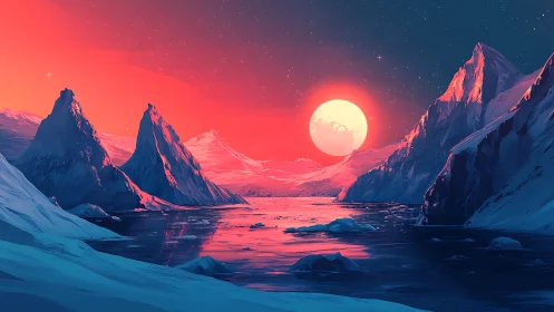 Crimson sun over frozen alien fjord at twilight glow.