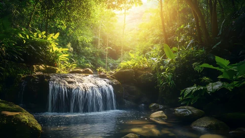 Waterfall cascade illuminated by golden forest canopy light.