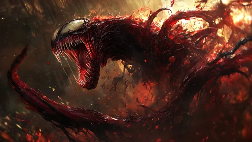 Monstrous red symbiote creature lunges forward in fiery chaos