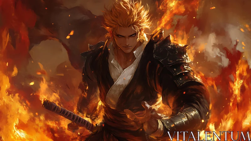 Armored swordsman stands amid dynamic flame effects
