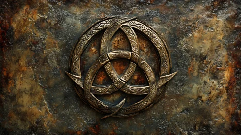 Interlocking Celtic metal sigil on weathered rusted steel panel.
