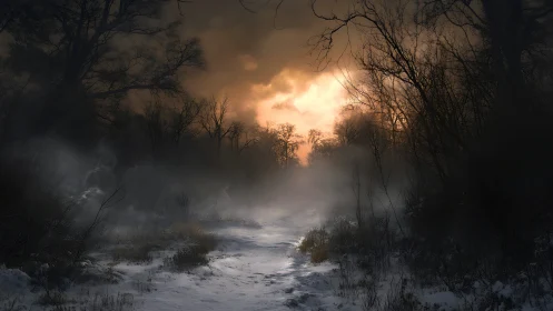 Winter fog tiptoes through a twilight forest corridor