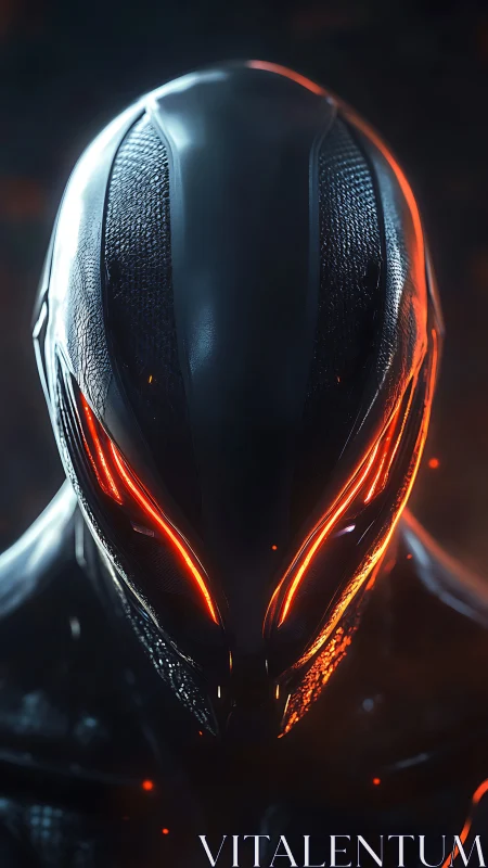 Futuristic armored android helmet glows with molten lines