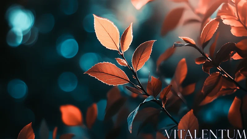 Orange foliage is rendered sharply against a teal bokeh background
