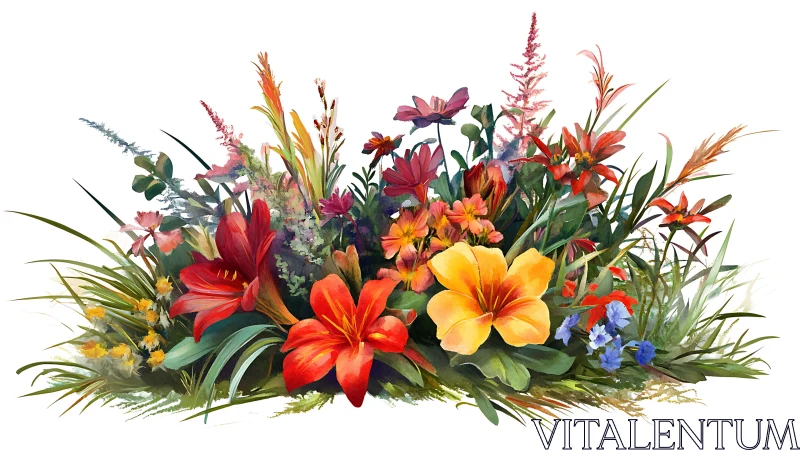 Floral arrangement composition with varied botanical specimens.