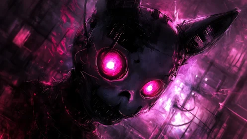 Cyberpunk feline skull construct with neon magenta core gaze.
