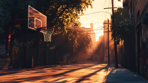 Golden hour hush over a quiet city basketball court street.