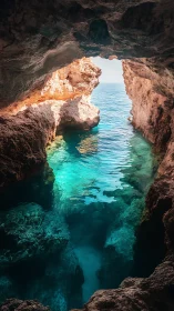 Sea cave pool with turquoise water and sunlit rocks.