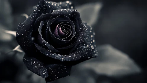 Black rose macro glistens under dramatic moody light.