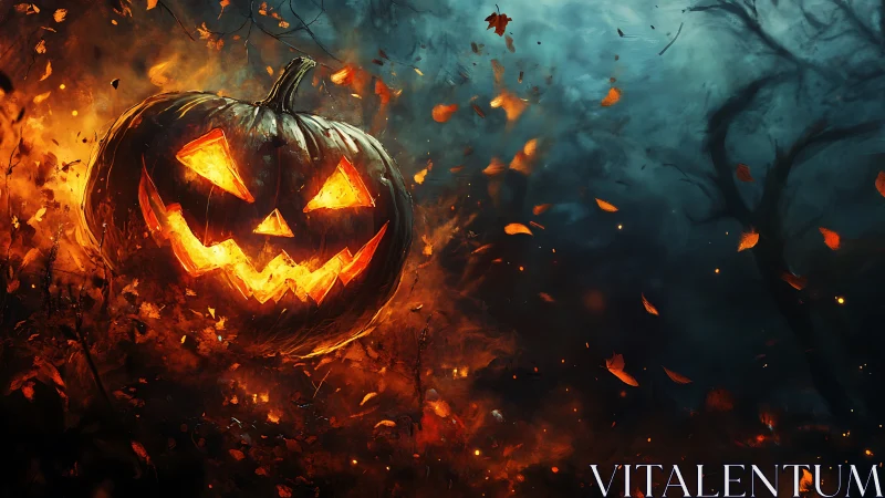Jack-o-lantern inferno with dynamic embers and stormy sky.