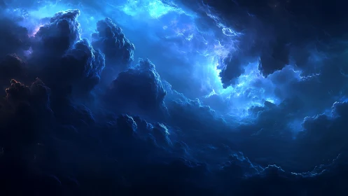 Blue illuminated storm clouds form a turbulent sky vortex