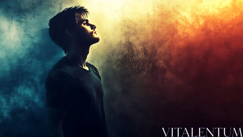 Side-lit young man in smoky teal and amber haze portrait.