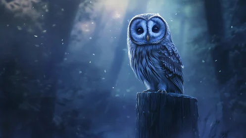 Majestic Owl on Tree Stump in Enchanted Blue Forest, Digital Art.