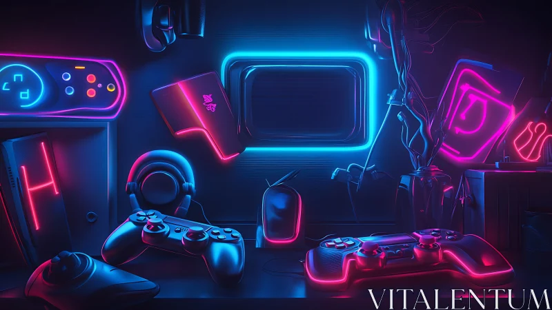 Neon gamer altar humming in electric cyan and magenta glow.