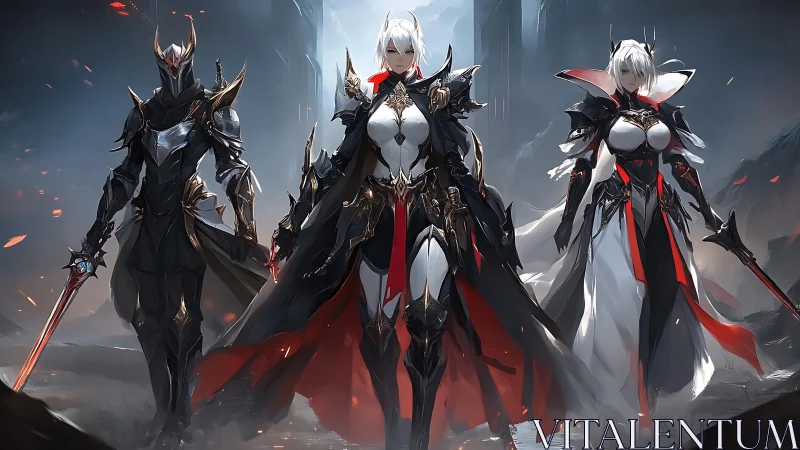 Triad of armored paladins in gothic fantasy war zone