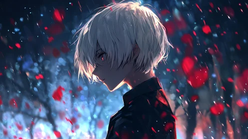 White-haired boy amid glowing bokeh and crimson petals.