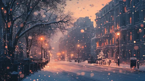 Snowy city street glowing with cozy winter evening light.