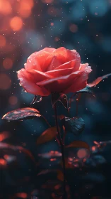 Luminous red rose glows against cool bokeh night background