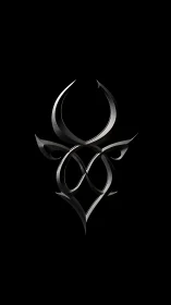 Metallic abstract sigil with curved blades on black field.