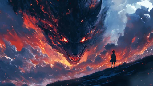Silhouetted figure facing colossal fiery wolf in clouds.