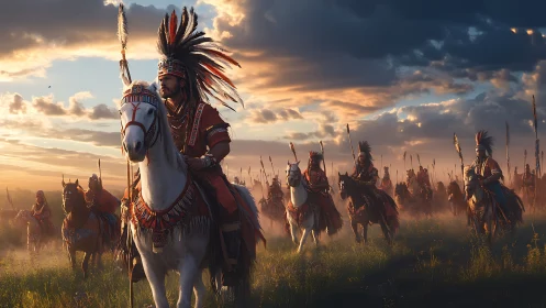 Warriors on horseback ride through a glowing prairie dusk