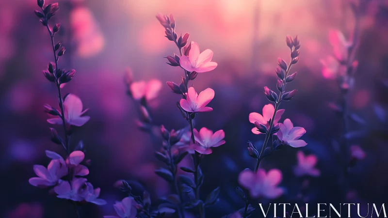Purple Wildflowers in Luminous Bokeh Garden. Soft Focus Floral Study.