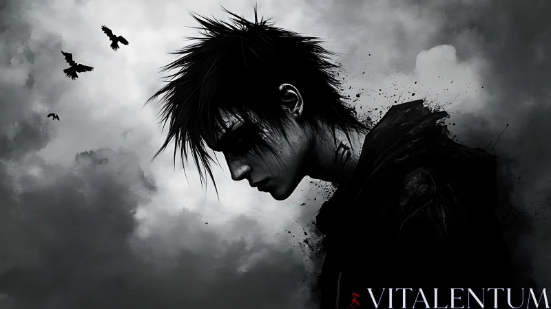 Storm-lit loner walks with crows through bruised sky dusk.