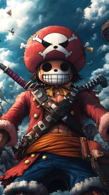 Sky-high grin pirate captain amid roaring cloud oceans.