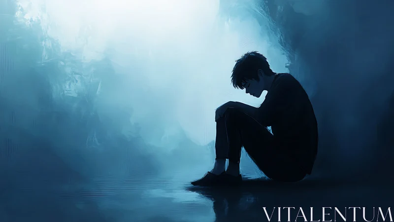 Soft blue solitude cradles a quiet boy in thoughtful pause