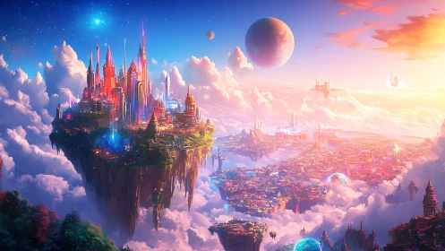 Floating megacity with layered nebular sky and luminous exoplanets