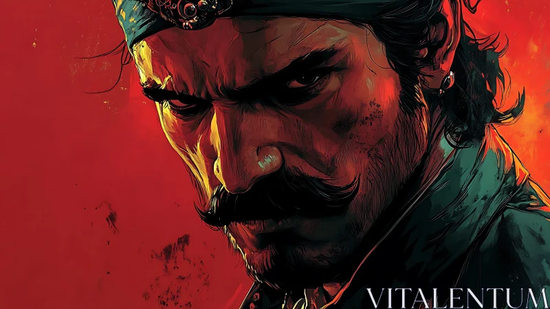 Brooding mustached warrior glowers in fiery red portrait.