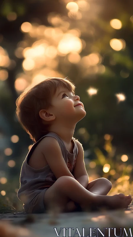 Child in golden sunset bokeh gazes toward glowing sky.