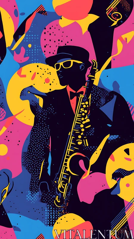 Neon jazz saxophonist silhouette pulses through bold color.