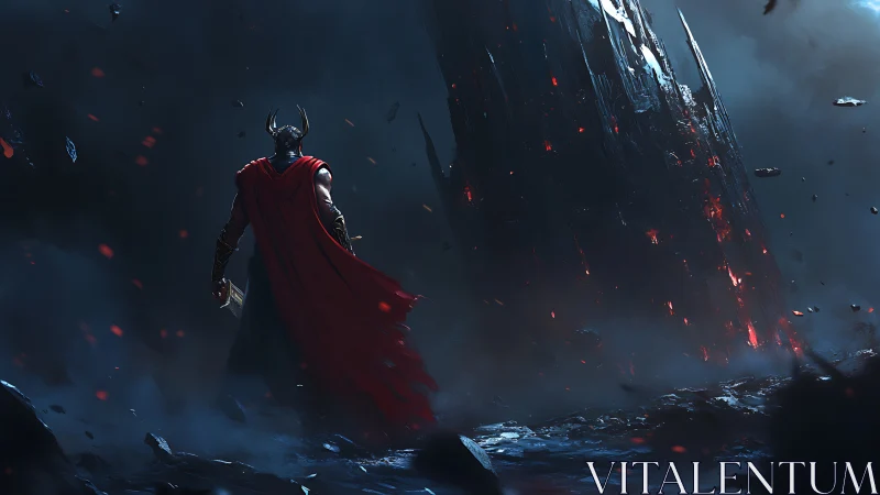 Armored warrior confronts erupting obsidian monolith portal.