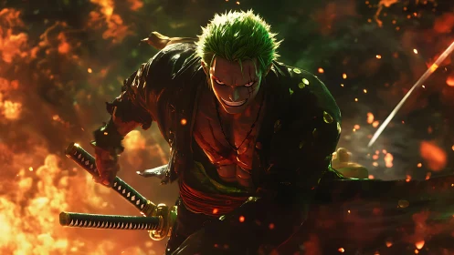 Green-haired swordsman charging through fire in battle