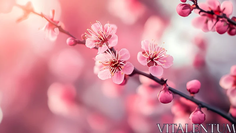 Cherry Blossom Branches with Dew Drops in Pink Bokeh