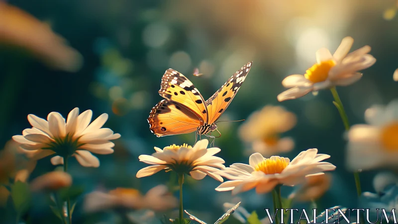 Orange butterfly over white daisies in soft garden light.