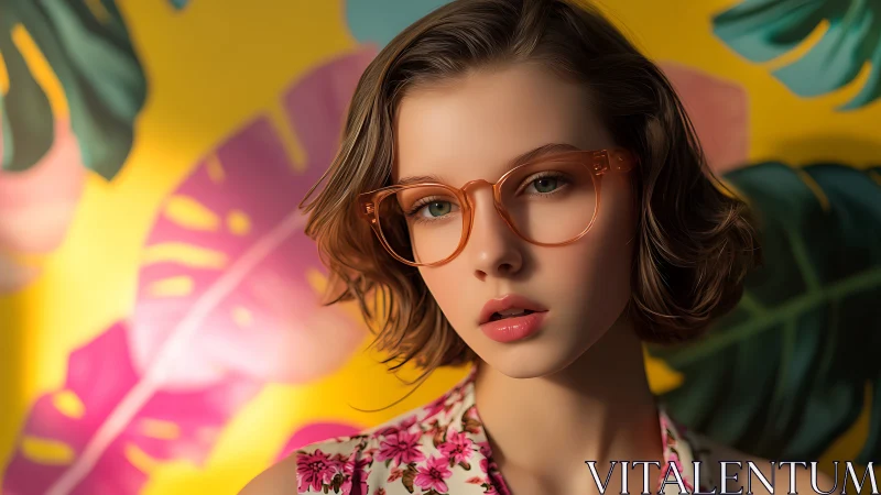 Soft retro portrait against bold tropical leaf backdrop.