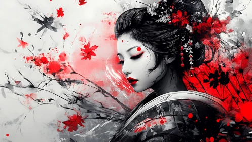 Geisha profile in red and black floral ink portrait.