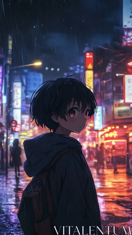 Rainlit city wanderer pausing under neon ghost reflections.